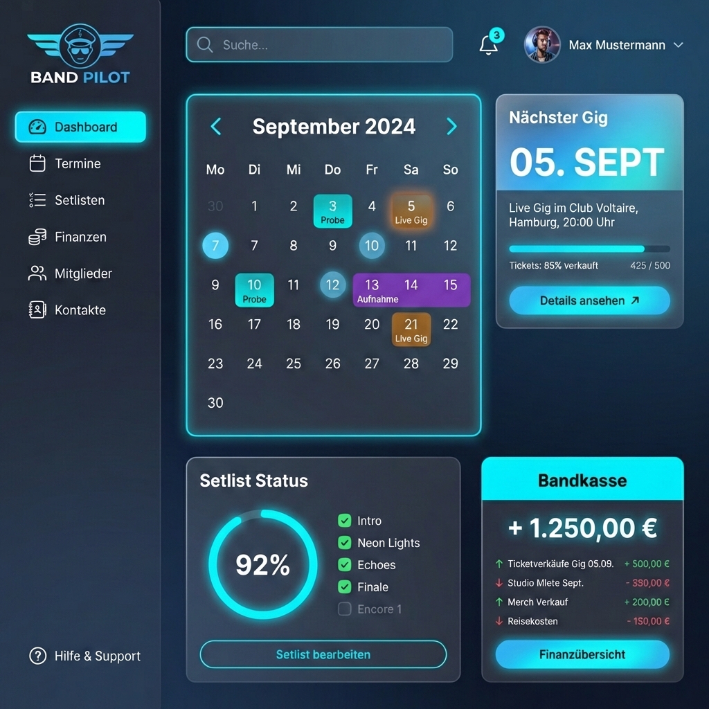 Screenshot des Band Pilot Dashboards, das einen Kalender und anstehende Termine zeigt